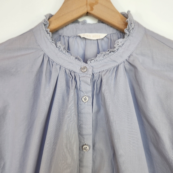 Ehka Sopo Ruffled Eyelet Neck Cotton Button Down Semi-Sheer Shirt Blue Small - Picture 2 of 10